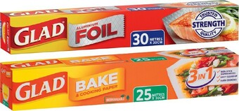IGA Glad Bake & Cooking Paper 30cm×25m, Foil 30cmx30m or Wrap 80mx33cm offer