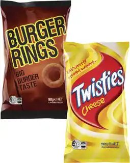 Coles Twisties or Burger Rings 65g-90g offer