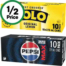 Woolworths Pepsi, Solo or Schweppes Soft Drink Varieties 10 x 375ml offer