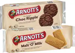 Coles Arnott's Choc Ripple or Malt 'O' Milk Biscuits 250g offer