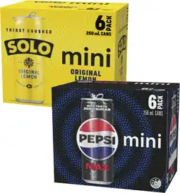 Coles Pepsi Max, Solo or Schweppes Lemonade Soft Drink 6x250mL offer