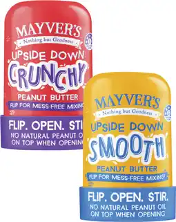 Coles Mayver's Upside Down Smooth or Crunchy Peanut Butter 450g offer