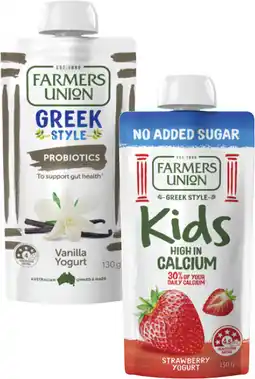 Coles Farmers Union Greek Style or No Added Sugar Kids Yogurt Pouch 130g offer