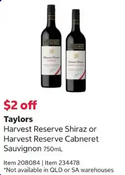 Costco Taylors Harvest Reserve Shiraz or Harvest Reserve Cabernet Sauvignon offer
