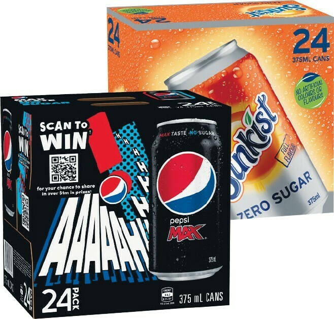 Pepsi Max, Solo No Sugar, Mountain Dew No Sugar, Sunkist No Sugar or Schweppes Lemonade Zero
