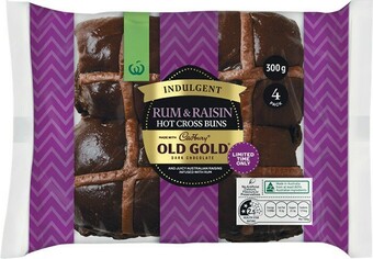 Woolworths Woolworths Indulgent Rum & Raisin Hot Cross Buns Made With Cadbury® Old Gold® Chocolate Pk 4~ offer