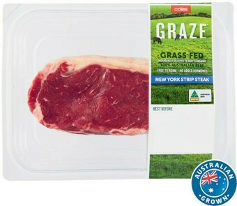 Coles Coles Australian No Added Hormones Graze Grass Fed Beef New York Strip Steak 380g offer