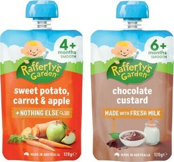 Coles Rafferty’s Garden Baby Food 4 Month, 6 Month or 8 Month Pouch 120g offer