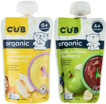 Coles CUB 4 Month or 6 Month Organic Baby Food Pouch 120g offer