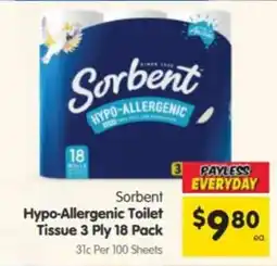 Spar Sorbent Hypo-Allergenic Toilet Tissue 3 Ply 18 Pack offer