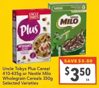 Uncle Tobys Plus Cereal or Nestlé Milo Wholegrain Cereals