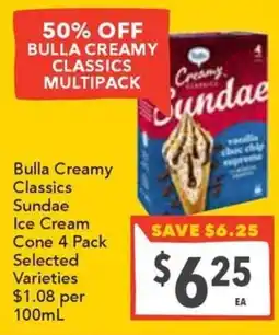 Supa Valu Bulla Creamy Classics Sundae Ice Cream Cone 4 Pack offer