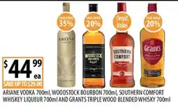 Supabarn Ariane Vodka, Woodstock Bourbon, Southern Comfort Whiskey Liqueur, Grants Triple Wood Blended Whisky offer
