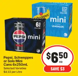IGA Pepsi, Schweppes or Solo Mini Cans offer