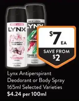 Foodworks Lynx Antiperspirant Deodorant or Body Spray offer