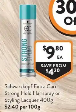 Foodworks Schwarzkopf Extra Care Strong Hold Hairspray or Styling Lacquer offer