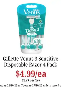 Farmer Jack's Gillette Venus 3 Sensitive Disposable Razor offer