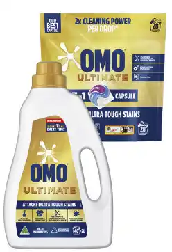 IGA OMO Ultimate Laundry Liquid 2 Litre, Powder 2kg or Capsules 28 Pack Selected Varieties offer