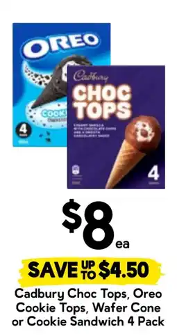 Drakes Cadbury Choc Tops, Oreo Cookie Tops, Wafer Cone or Cookie Sandwich 4 Pack offer