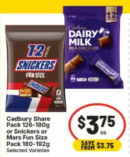 IGA Cadbury Share Pack or Snickers or Mars Fun Size offer