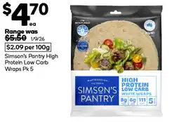 Woolworths Simson's Pantry High Protein Low Carb White Wraps offer