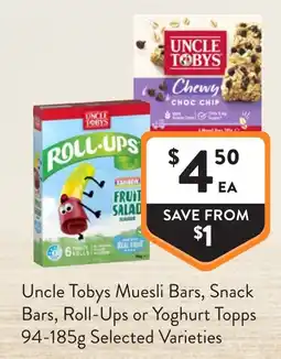 Foodworks Uncle Tobys Muesli Bars, Snack Bars, Roll-Ups or Yoghurt Topps offer
