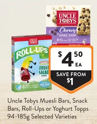 Uncle Tobys Muesli Bars, Snack Bars, Roll-Ups or Yoghurt Topps