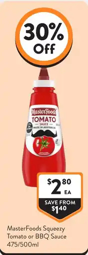 Foodworks MasterFoods Squeezzy Tomato or BBQ Sauce offer