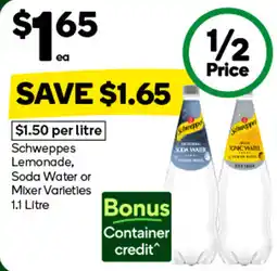 Woolworths Schweppes Lemonade, Soda Water or Mixer Varieties offer