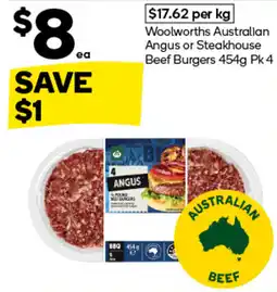 Woolworths Woolworths Australian Angus or Steakhouse Beef Burgers offer