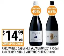 Supabarn Arrowfield Cabernet Sauvignon and Beklyn Single Vineyard Shiraz offer
