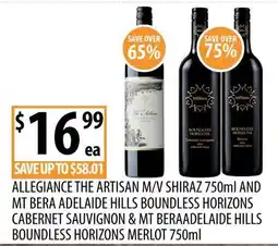 Supabarn Allegiance The Artisan M/V Shiraz and Mt Bera Adelaide Hills Boundless Horizons Cabernet Sauvignon & Mt Bera Adelaide offer