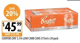 Supabarn Coopers Dry 3.5% Low Carb Cans offer