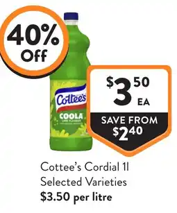 Foodworks Cottee's Cordial 1l Selected Varieties offer