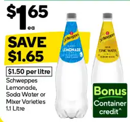 Woolworths Schweppes Lemonade, Soda Water or Mixer Varieties offer