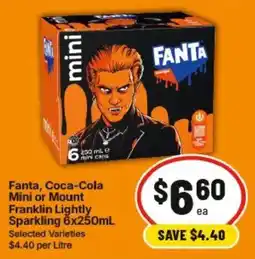 IGA Fanta, Coca-Cola Mini or Mount Franklin Lightly Sparkling 6x250mL offer