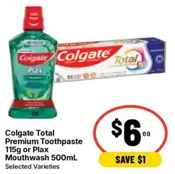 Ritchies Colgate Total Premium Toothpaste or Plax Mouthwash offer