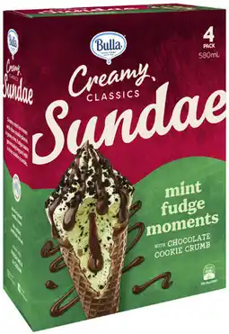 Coles NEW Bulla Creamy Classics Mint Fudge Moments Ice Cream Sundae Cones 580mL offer