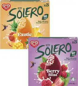 Coles Streets Solero Berry Bliss or Exotic Frozen Dessert Sticks 3 Pack 270mL offer