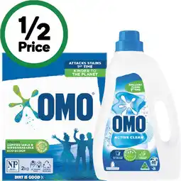 Woolworths OMO Active or Sensitive Laundry Liquid 2 Litre, Powder 2 kg or Capsules Pk 28 offer