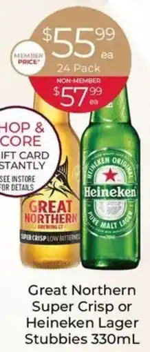 Porters Great Northern Super Crisp or Heineken Lager Stubbies offer