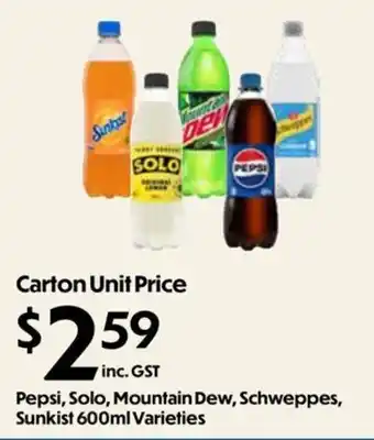 Pepsi, Solo, Mountain Dew, Schweppes, Sunkist 600ml Varieties