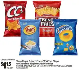 C-Store Distribution Thins Chips, French Fries, CC's Corn Chips or Cheezels 45g Selected Varieties offer