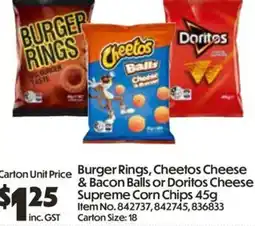 C-Store Distribution Burger Rings, Cheetos Cheese & Bacon Balls or Doritos Cheese Supreme Corn Chips offer
