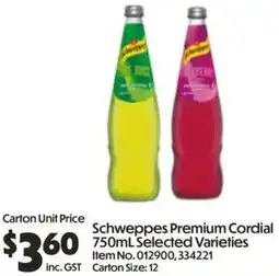 C-Store Distribution Schweppes Premium Cordial 750mL Selected Varieties offer
