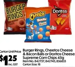 Campbells Wholesale Burger Rings, Cheetos Cheese & Bacon Balls or Doritos Cheese Supreme Corn Chips offer