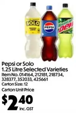 Campbells Wholesale Pepsi or Solo 1.25 Litre Selected Varieties offer