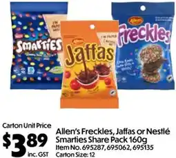 Campbells Wholesale Allen's Freckles, Jaffas or Nestlé Smarties Share Pack offer