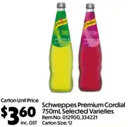Campbells Wholesale Schweppes Premium Cordial 750mL Selected Varieties offer