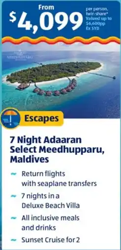 ALDI Escapes 7 Night Adaaran Select Meedhupparu, Maldives offer